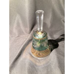 Vintage Green Etched Glass Bell Gold Trim Floral